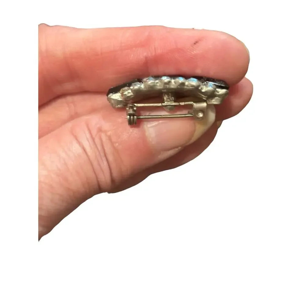 Vintage Aurora Borealis Rhinestone Bar Brooch Black Glass Atomic Mid Century